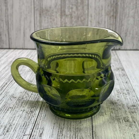 Avocado Green King Crown’s Thumb Print Pattern-Indiana Glass Creamer & Sugar Set - Picture 3 of 9